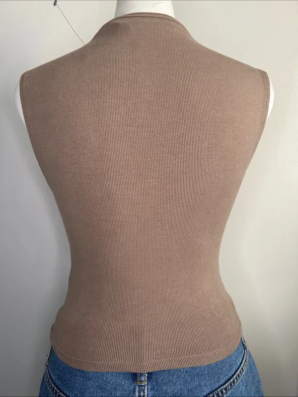 Zara Sleeveless Ribbed Cotton Blend Knit Mock Neck Tank Top - Taupe Brown - Image 4