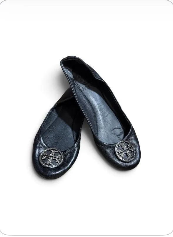 Tory Burch Black Leather Ballet Flats with Crystal Logo Medallion - Image 2