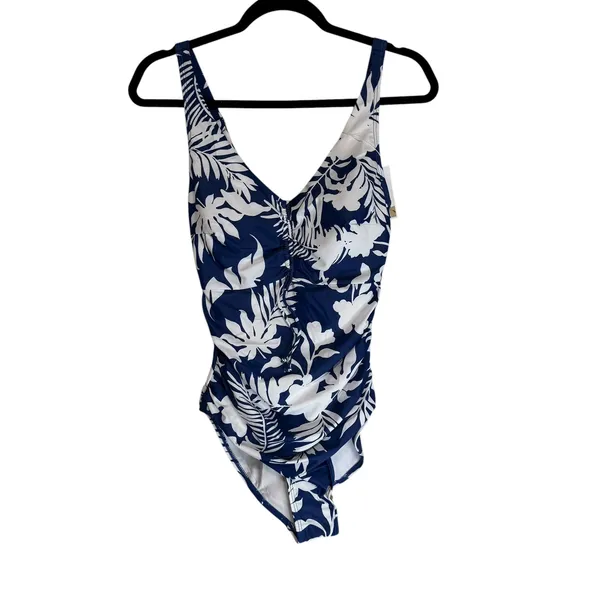 B2PRITY Navy White Tropical Floral Ruched‎ One Piece Swimsuit Women's Small - Image 6
