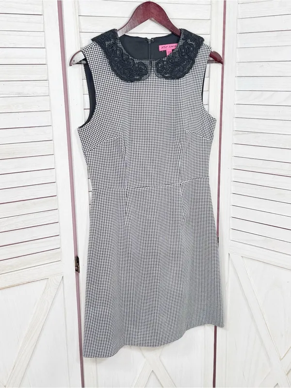 Betsey Johnson Lace Collar Houndstooth Sheath Dress Black White Sz 6 Sleeveless - Image 9