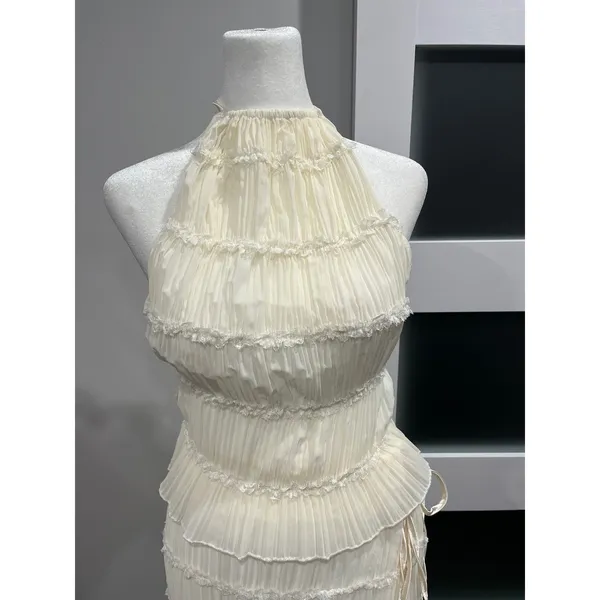 Cream Pleated boho Halter top Maxi skirt ruffle Tiered Open Back Resort‎ S - Image 2