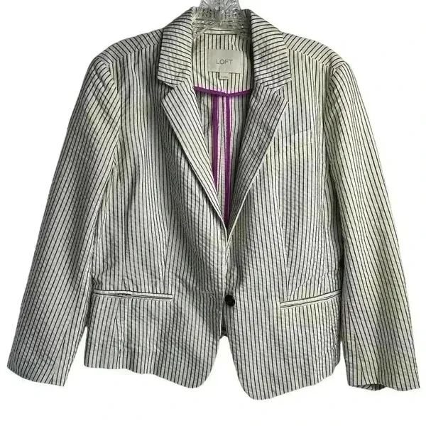 Ann‎ Taylor Loft Women's Blazer Jacket Ivory/White and Black Stripes Size 8 - Image 5