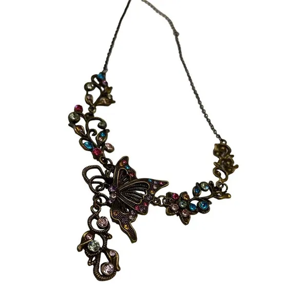 Brass-Tone Multi Color Rhinestone Butterfly Flower Charm Necklace - Image 8