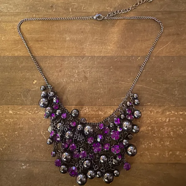 Gunmetal purple stone cluster bib necklace - Image 4