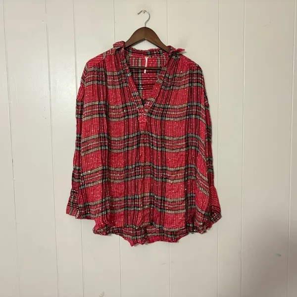 Free People Fearless Love Tunic XS Red Plaid Metallic Bell Sleeve Boho Top - Image 3