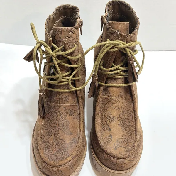 Comfort Boots Est 1946 Womens Sz 9.5 Brown Ankle Floral Print Lace Up Tassel - Image 11