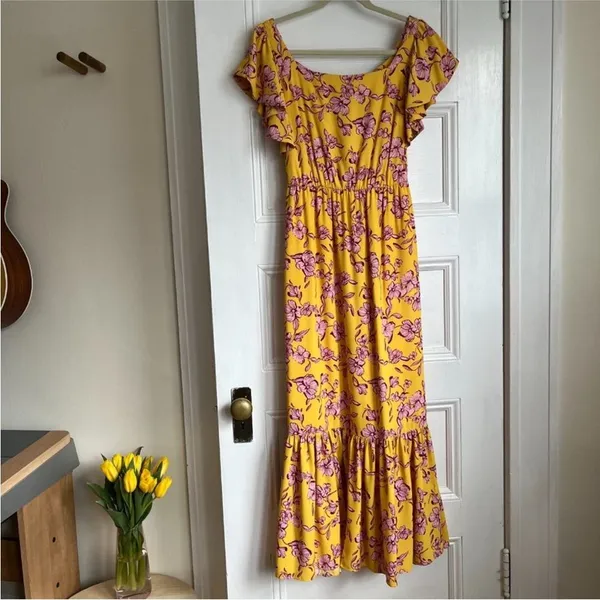 Anthropologie Sachin & Babi Yellow Flutter Sleeve Floral Print Maxi Dress Size 8 - Image 3