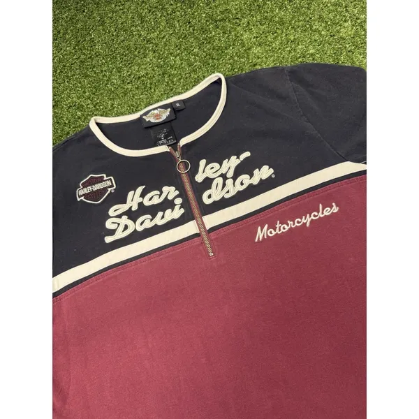 Harley Davidson 1/4 Zip Two Tone T-Shirt Women's Size Med Y2K Maroon Black White - Image 2