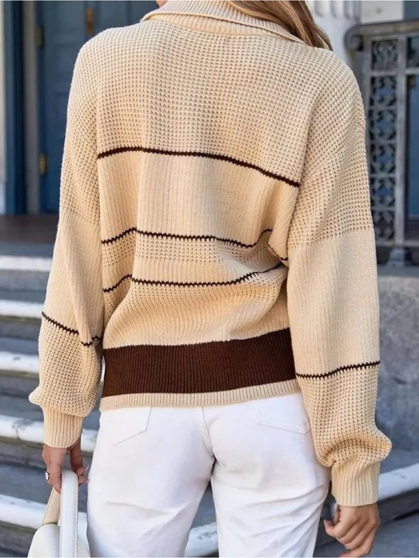Dokotoo NWT Beige/Brown Striped Collared Button Neck Knit Pullover Sweater L Size L - Image 2