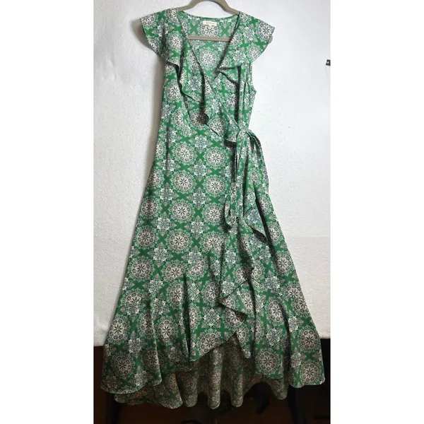 Max Studio Green Mandala Print Ruffle Faux Wrap Maxi Dress Large - Image 2