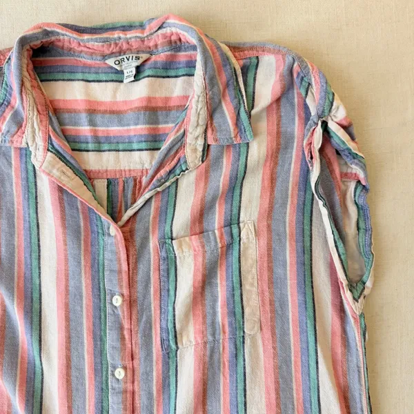 Orvis Linen Blend Shirt L Pastel Stripe Coastal Grandmother Cap Sleeve - Image 8