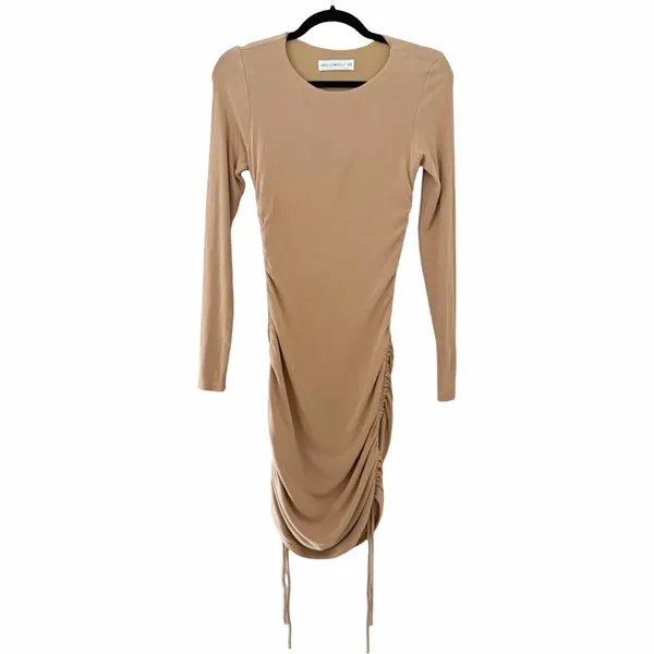 HELLO MOLLY Ribbed Knit Bodycon Ruched Tan Brown Midi Dress Sz M - Image 3