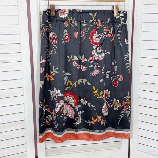 Loft Floral‎ Satin Faux Wrap Scarf Skirt Grey Coral Medium - Image 9