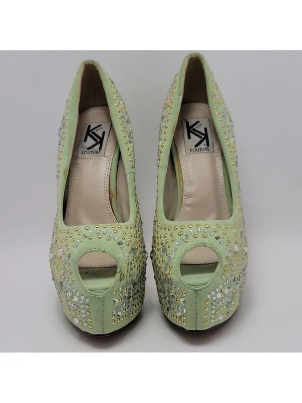 Kiss Kouture Celine Light Mint Green Peep Toe Beaded Platform Heels Size 8.5 - Image 12