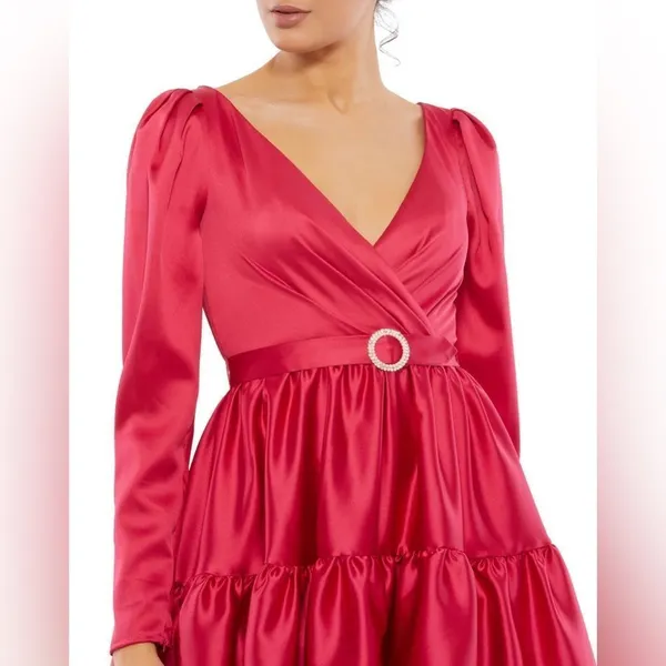 Ieena for Mac Duggal 26657 Buckle Belt Long Sleeve Dress in Rouge Size 10 - Image 3