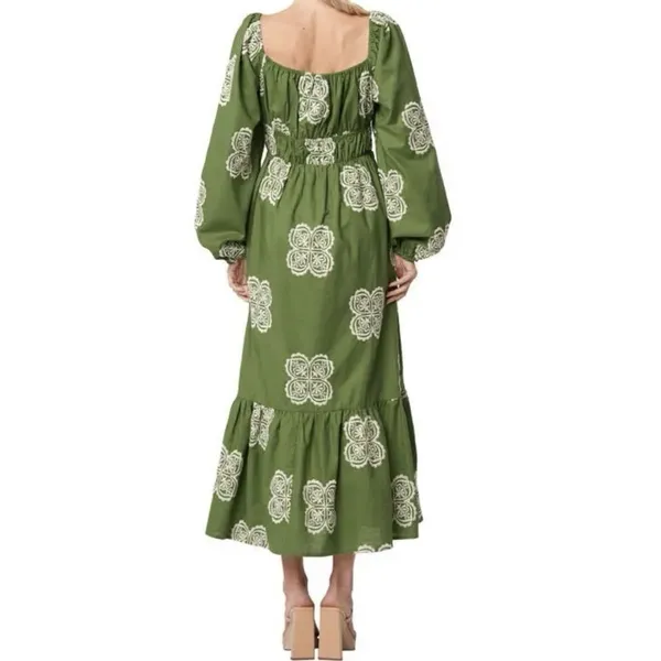 CIEBON Serbita green white Embroidered tiered peasant Dress Size Small Linen - Image 2
