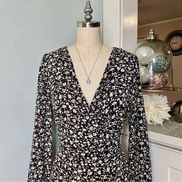 Lulus Fall Into You Black Floral Print Long Sleeve Wrap Dress Medium - Image 4