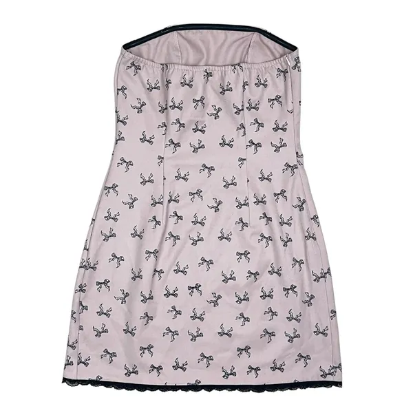 Cider Light Pink Strapless Bow Print Lace Trim Mini Dress Size XS - Image 3