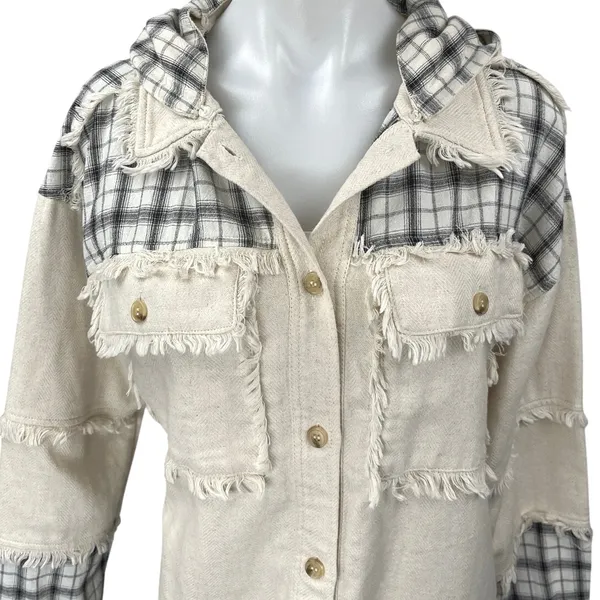 Dance & Marvel White Cream Linen Plaid Checkered Fringe Hooded Coat Jacket S - Image 3