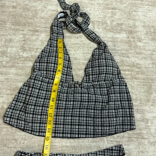 Samiol Women’s Medium Black White Plaid Tankini Bikini Swimsuit Plunge Halter - Image 5