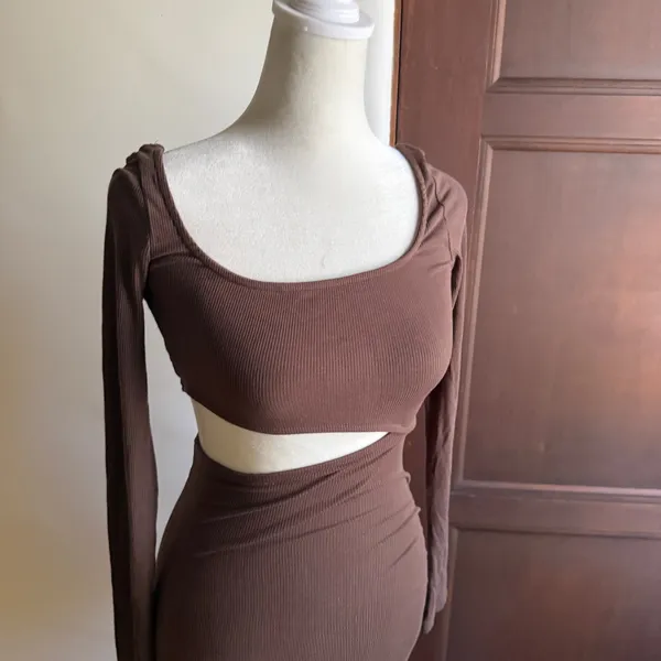 BAYSE | Brown RIbbed Cutout Midi Long Sleeve Dress | Small - Image 3