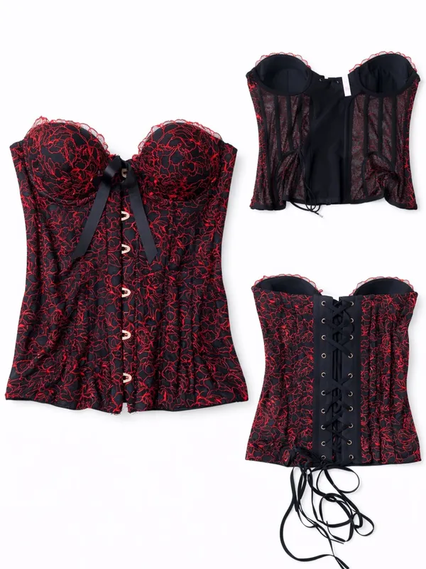 Savage X Fenty Black Red Lace Corset Bustier Top Lace-Up Back Size M - Image 3