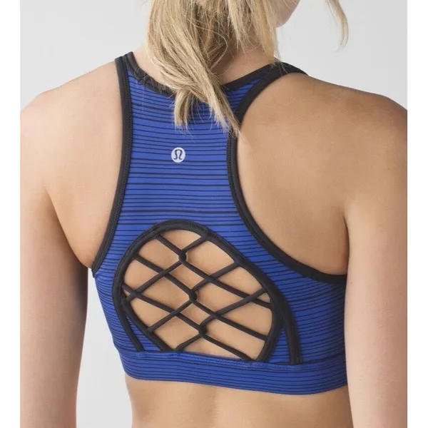 LULULEMON 4 SWEATY II Kanto Stripe Blue Black Running Sports Bra‎ - Image 2