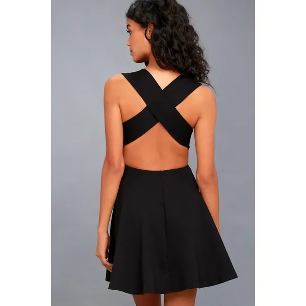 Lulus Skater Dress‎ Women XS Black Crisscross Back V-Neck Mini DD2733 Cocktail - Image 3