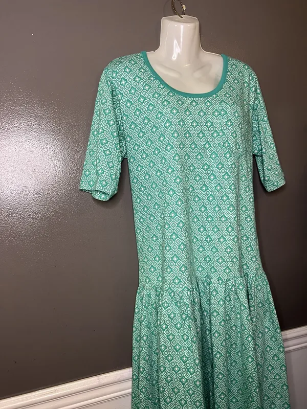 Vintage Intro T Shirt Dress Womens Medium Green Geometric Drop Waist Midi Cotton - Image 4