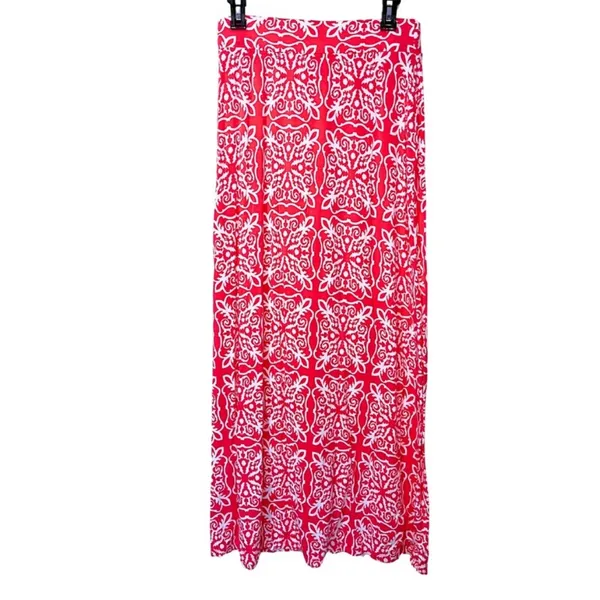 Boden Jersey Maxi‎ Skirt Size 8 Coral Pink White Paisley Colorful Draped Summer - Image 2