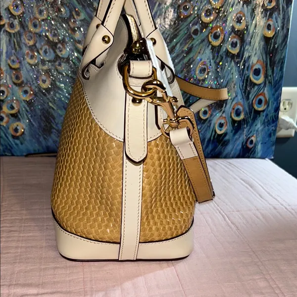 Dooney & Bourke Cream Leather and Tan Woven Structured 2 Way Satchel - Image 8