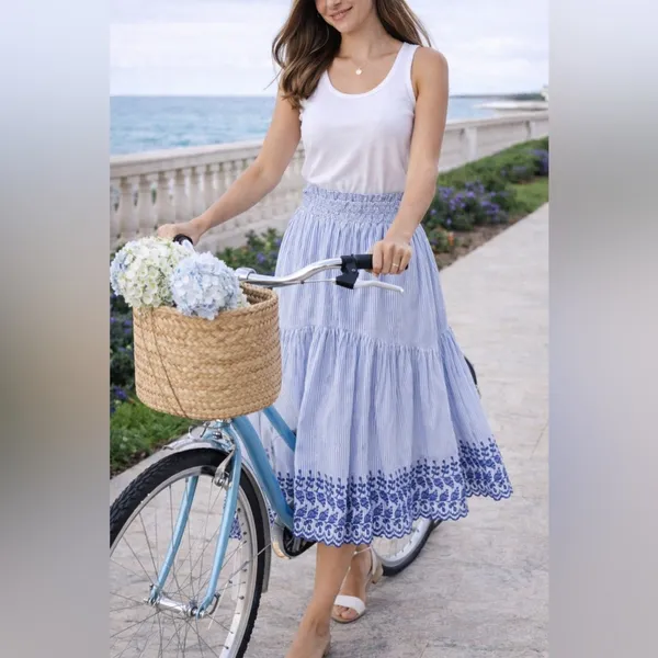 Tuckernuck Cinzia Blue Stripe Eyelet Midi Skirt Medium NWT - Image 11