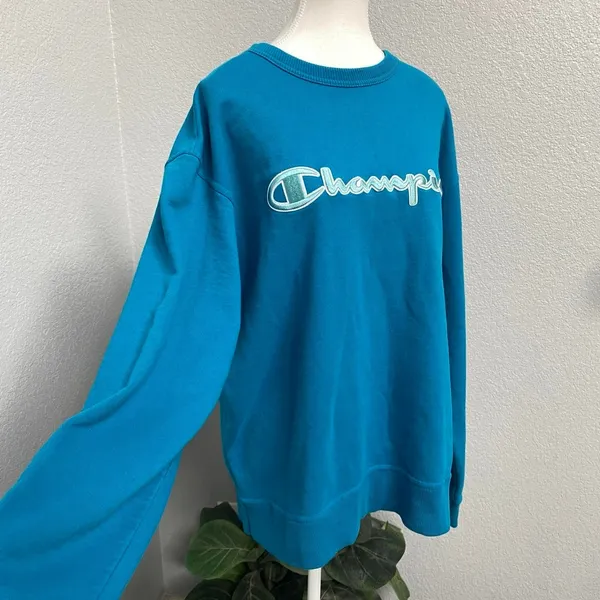 Champion Teal Turquoise Blue Crewneck Long Sleeve Sweatshirt Gym Sporty Comfy - Image 3