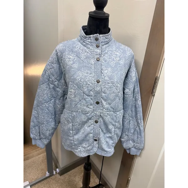 Kensie Jeans Women Blue Floral Quilted Snap Front Mock Neck Jacket Cotton Large - Image 5