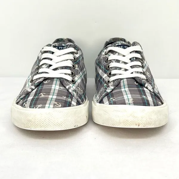 Sperry Pier View Anchor Plaid Gray Blue White Canvas Laced Slip On Sneakers 7.5 - Image 3