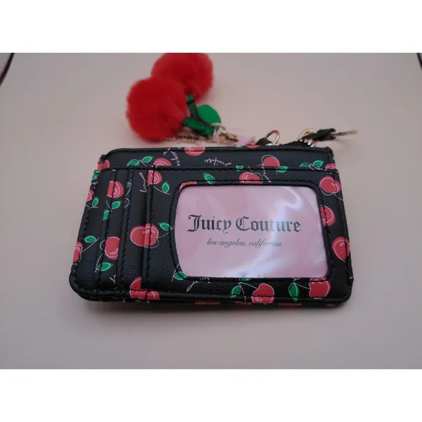 Juicy Couture Cherry Print‎ Card Holder Wallet Wristlet Black Red Pom Pom NEW - Image 6