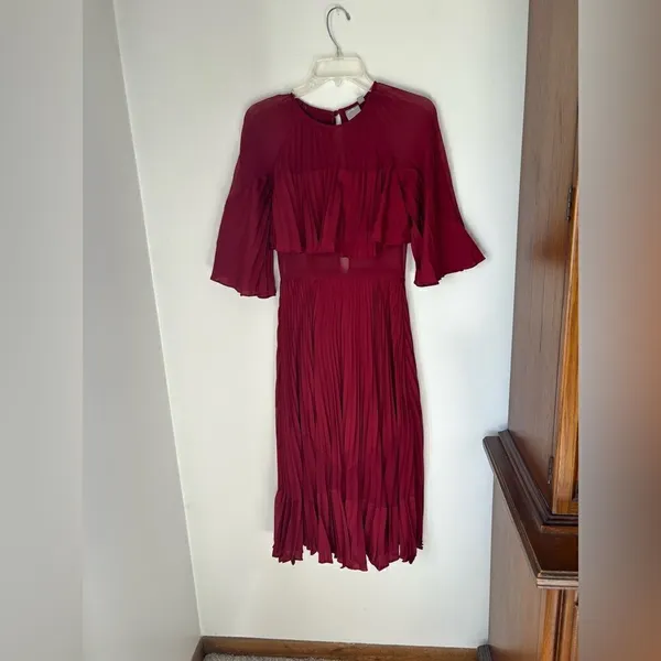 ASOS Pleated Sheer Crop Top Midi Dress Burgundy Size 2 Special Occasion - Image 9