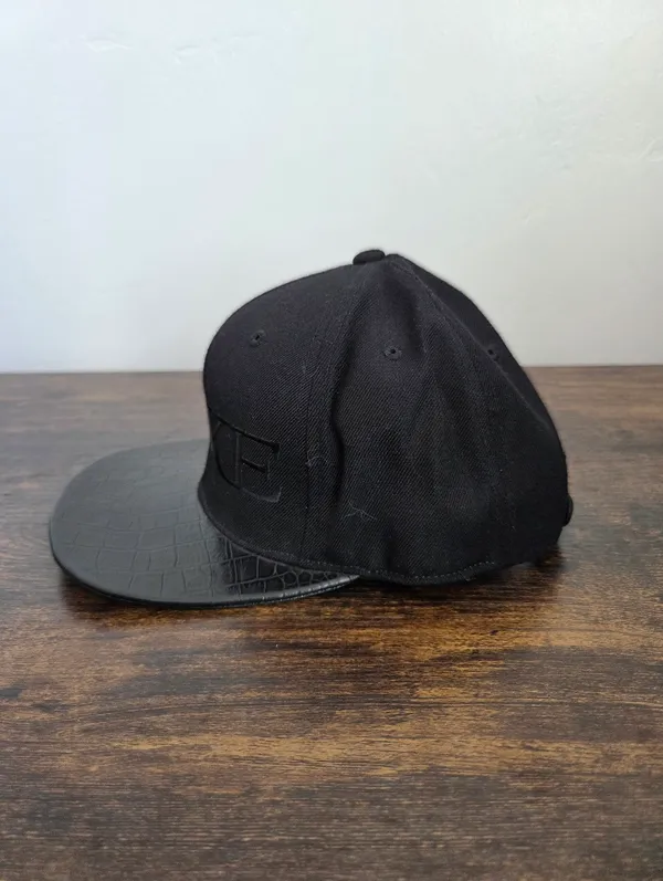 CAKE Black Leather Snapback Duck Bill Cap Sleek Glossy Streetwear Nightclub Wool - Image 3