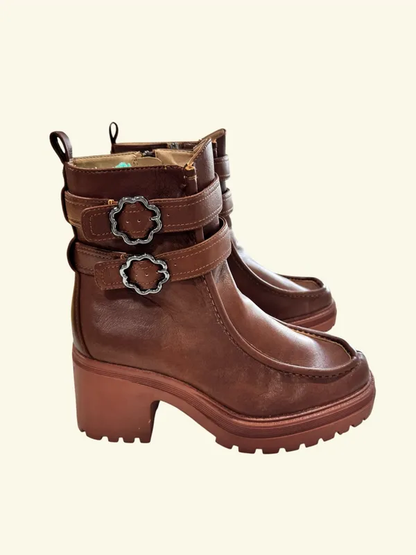 Sam and Libby Brown Double Strap Floral Buckle Chunky Block Heel Boots 9.5M - Image 5