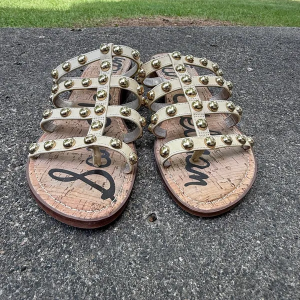 Sam Edelman Women Ivory Leather Studded Cage Slide Sandals Cork Block Heel Sz 8 - Image 2