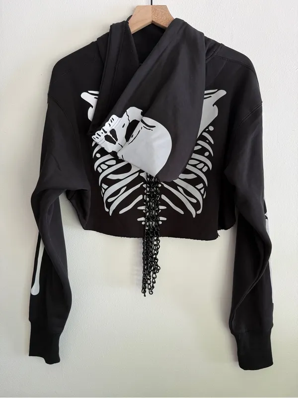 Dolls Kill Trickz N' Treatz Flesh N' Bones Reflective Skeleton Hoodie w Chains S - Image 6
