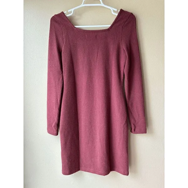 Madewell Ribbed Square Neckline Long Sleeve Burgundy Mini Dress Size XS - Image 2