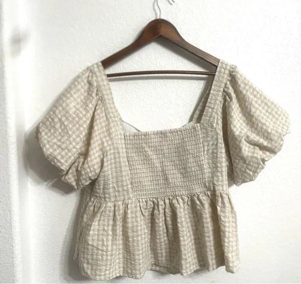 Old Navy Womens Shirt Blouse Cream White Gingham Plaid Puff Sleeve Plus Size 2X - Image 2
