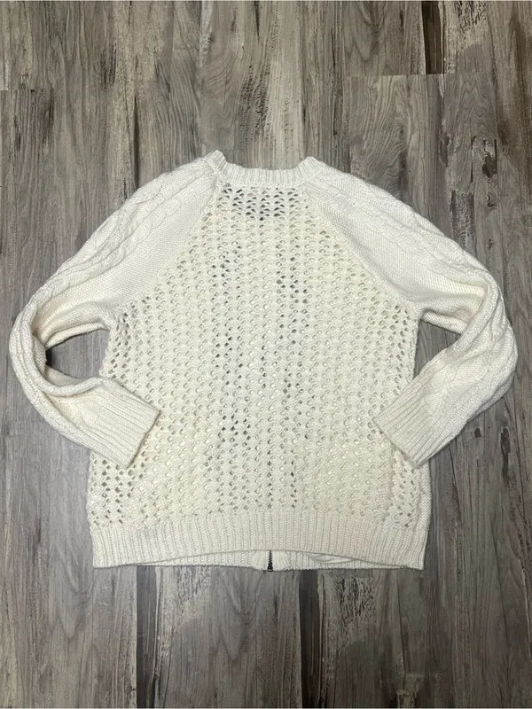 DKNY Jeans Cream Cable Knit Zip Cardigan Sweater Size L Wool Blend Pockets - Image 4