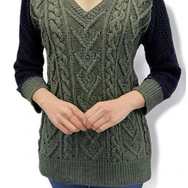 Pilcro and the Letterpress Dually Clad Wool Cable Knit Sweater Green/Navy Size L - Image 12
