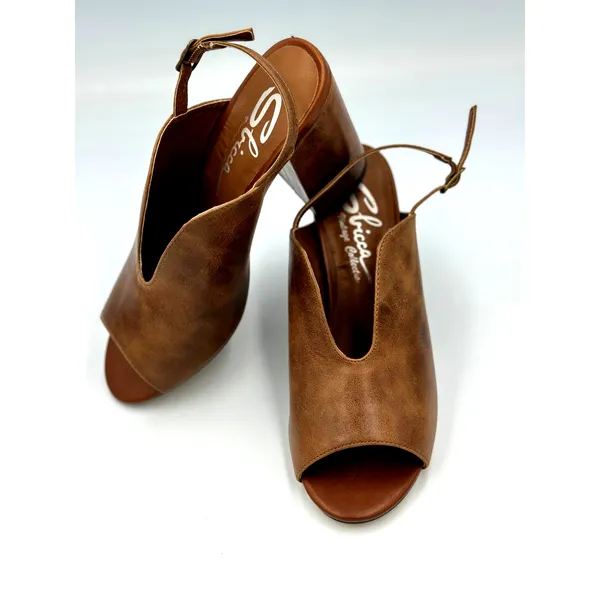Real Leather Sling Back Chunky Heel Peep Toe Sbicca Windor Brown size 7 - Image 4