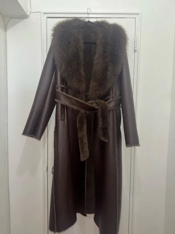 Women leather fur coat size XL brown - Image 2