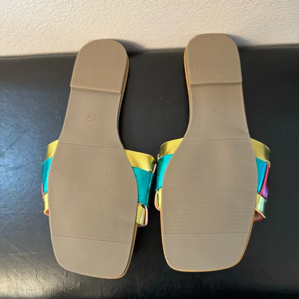 Women’s Metallic Slide Sandals – Color Block Woven Strap, Flat Comfort - Image 10