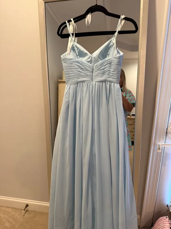 Azazie Sky Blue Chiffon V-Neck Pleated Spaghetti Strap Bridesmaid Dress Size A2 - Image 4