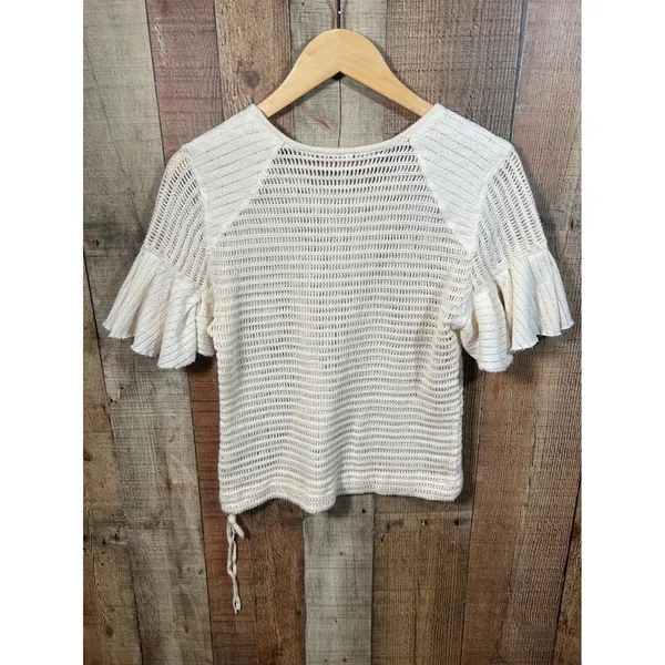 Free People Babes Only Cream Open Knit Ruffle Sleeve Sweater Top Medium Boho - Image 8